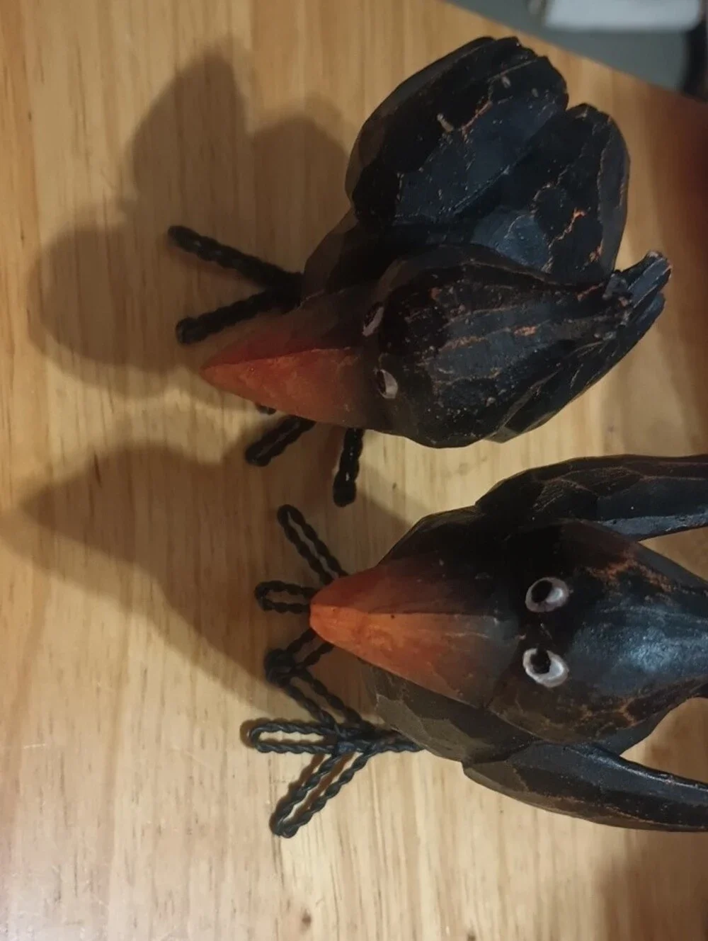 Hand-Carved Black Crow Figurines with Orange Beaks - Decorative Bird Pair